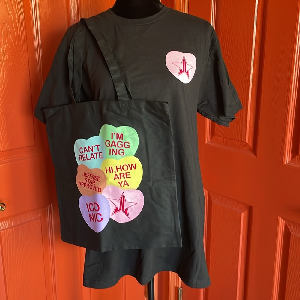 Jeffrey Star Fashion Valentine Candy Hearts T-Shirt, Black, Adult Large + Tote